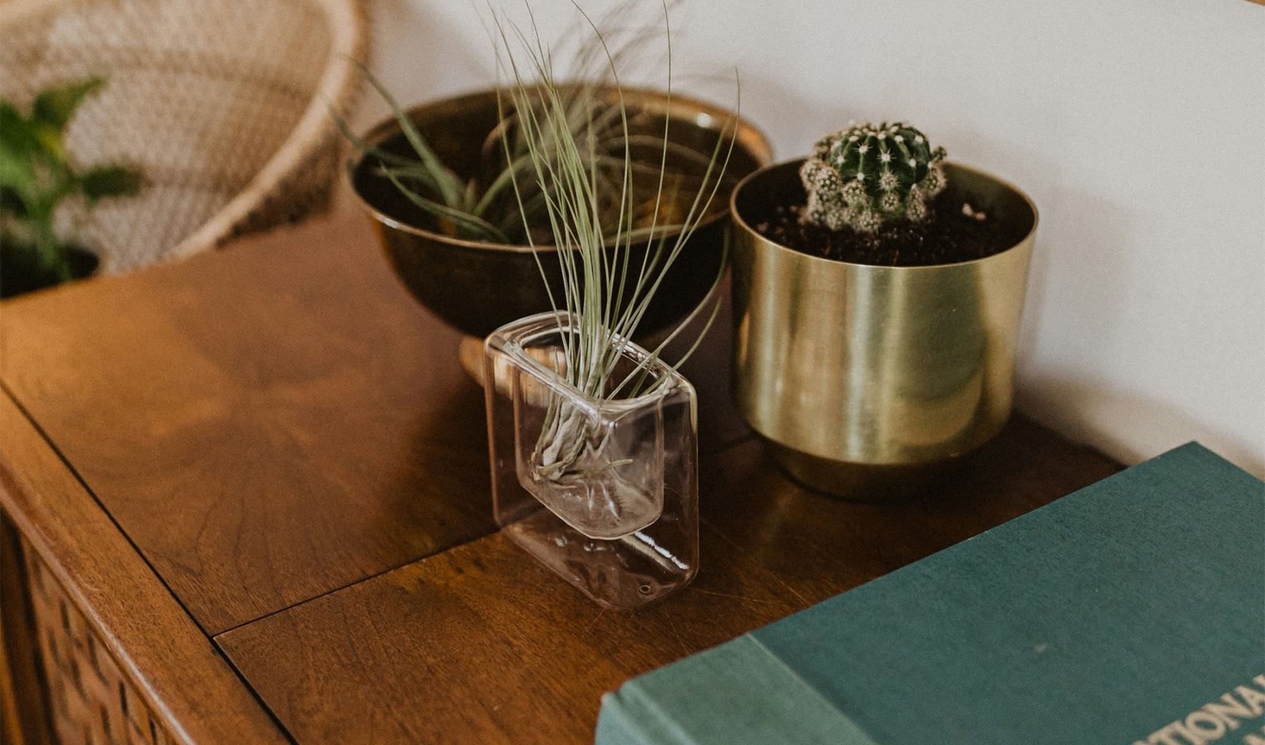a dresser with a book and plants
