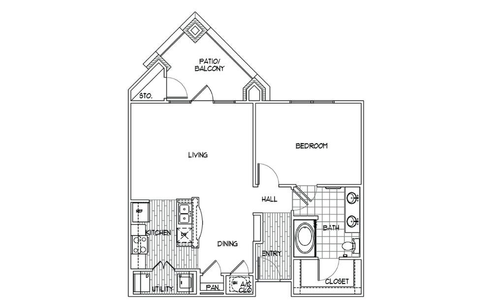 A2 - 1 bedroom floorplan layout with 1 bathroom and 839 square feet