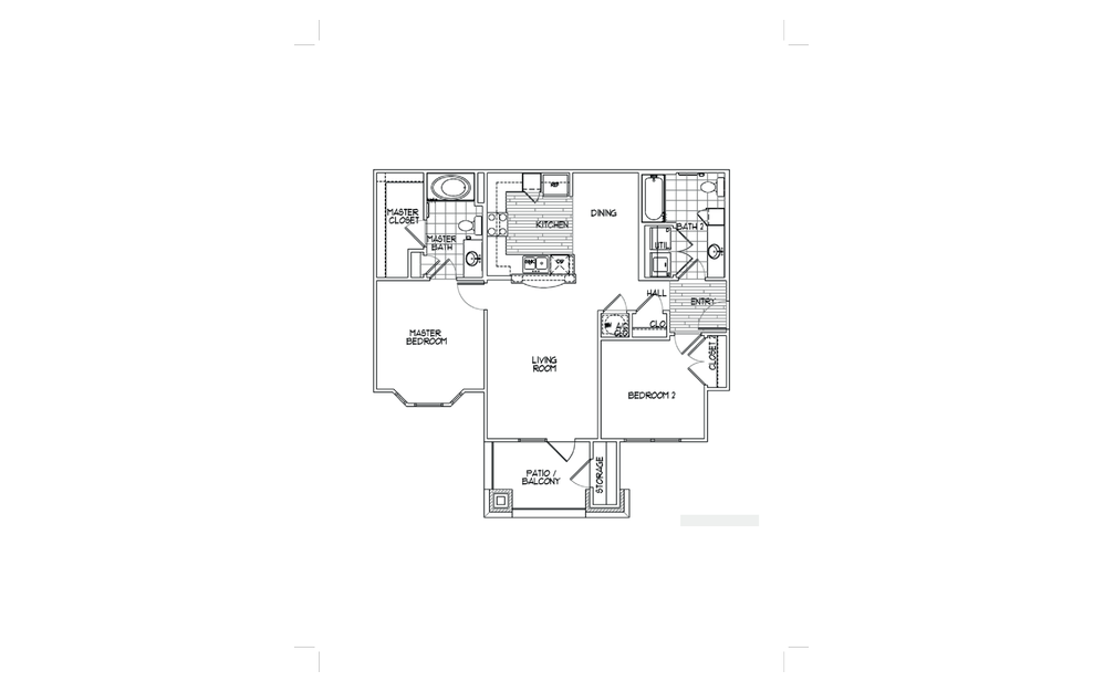 B1 - 2 bedroom floorplan layout with 2 bathrooms and 1025 square feet