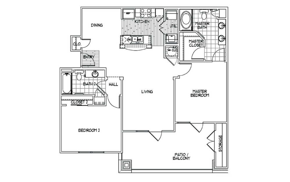 B2 - 2 bedroom floorplan layout with 2 bathrooms and 1135 square feet