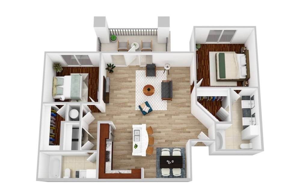 B3 - 2 bedroom floorplan layout with 2 bathrooms and 1157 square feet
