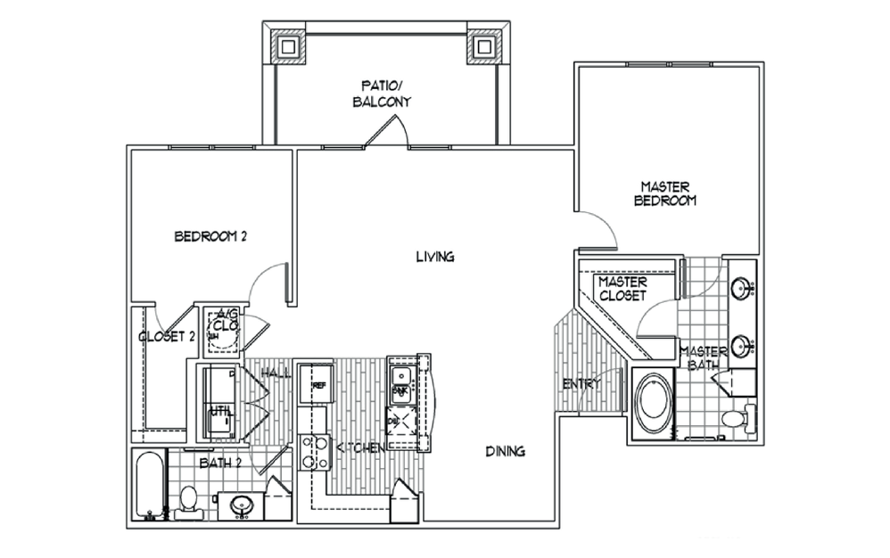 B3 - 2 bedroom floorplan layout with 2 bathrooms and 1157 square feet