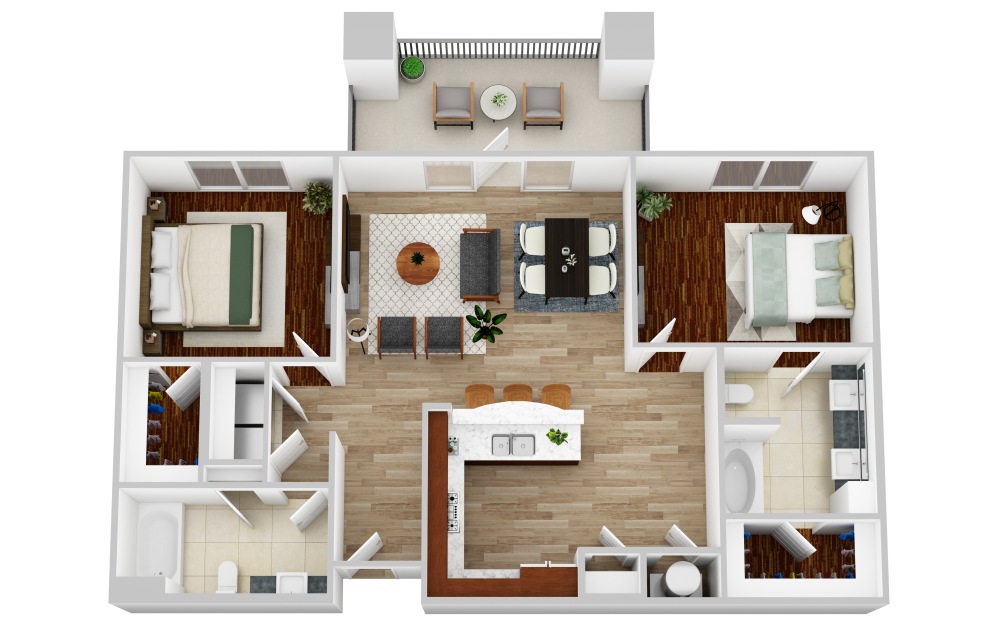 B4 - 2 bedroom floorplan layout with 2 bathrooms and 1162 square feet