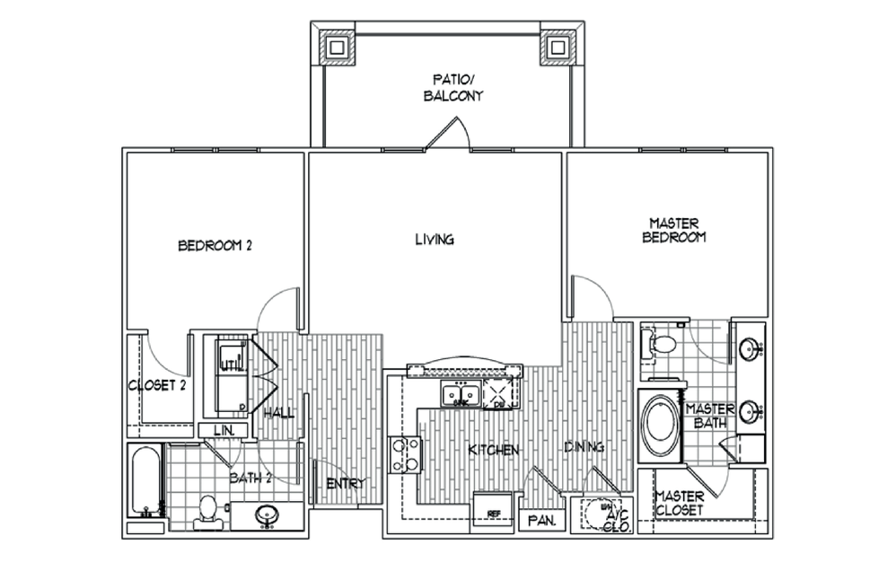 B4 - 2 bedroom floorplan layout with 2 bathrooms and 1162 square feet